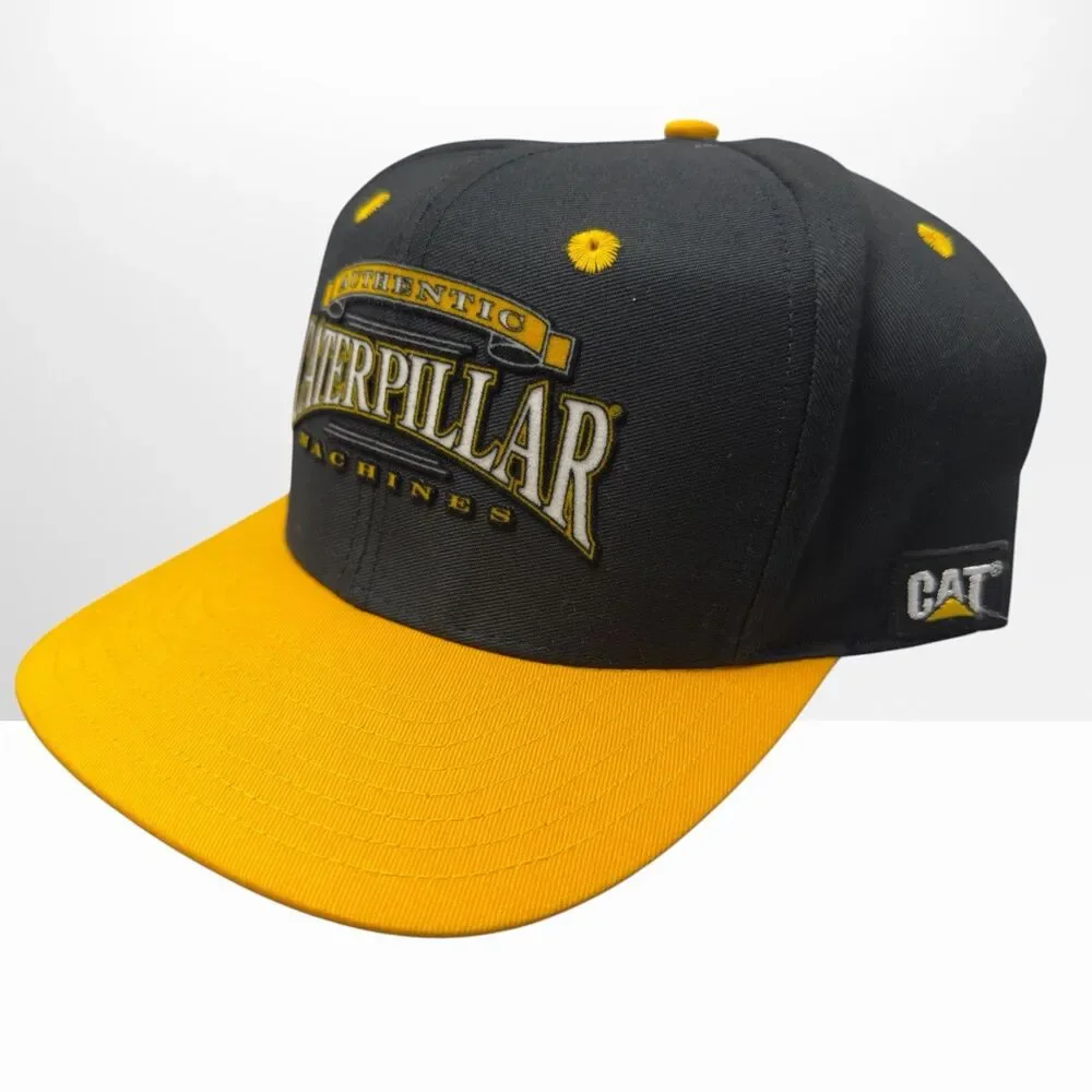 Vintage Authentic Caterpillar Machines Snapback Hat Black Yellow Tonkin Cap